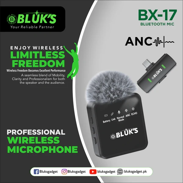 BLUK’S BX-17 Lavalier Wireless Microphone – ANC Clip-On Mic for Vlogging, Streaming & Recording