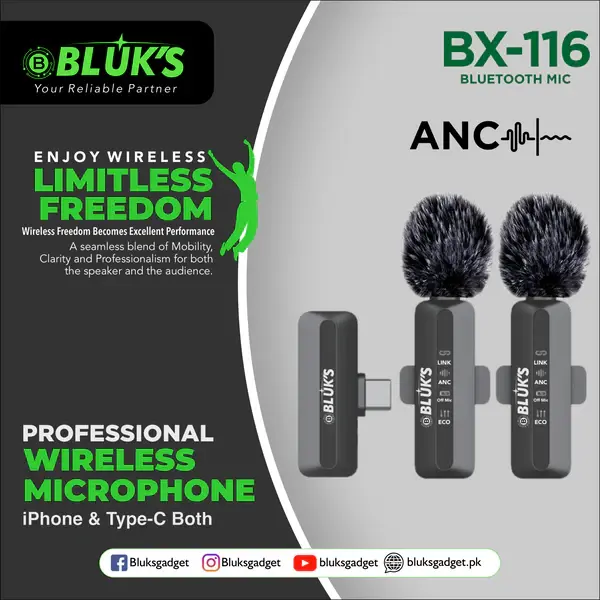 BLUK’S BX-116 Dual Lavalier Microphone – ANC Clip-On Mic for iPhone, Type-C Devices