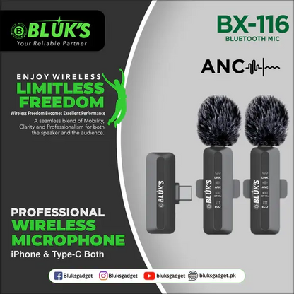 BLUK’S BX-116 Dual Lavalier Microphone – ANC Clip-On Mic for iPhone, Type-C Devices