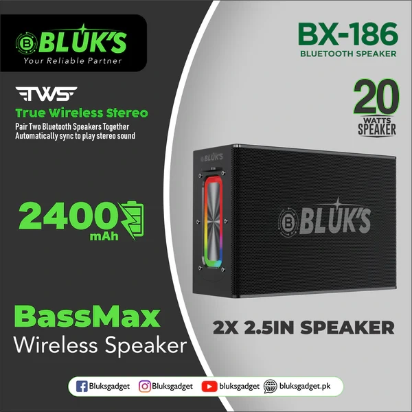 BLUK’S BX-186 BassMax Bluetooth Wireless Speaker – Portable Speaker with Deep Bass
