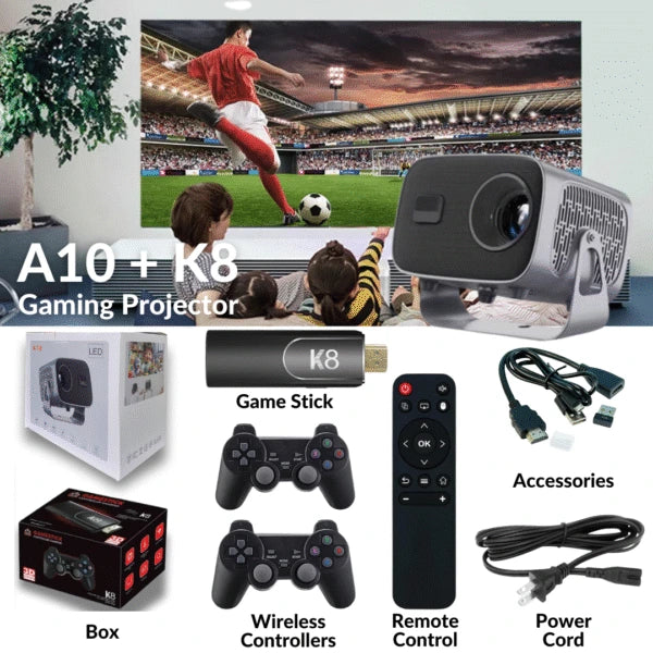 A10 Smart Projector 1080P FHD + K8 Game Stick | Android 13, 4K Support, 10,000+ Live Channels, 40,000+ Games, 450 ANSI Lumens | Home Theater & Gaming Combo