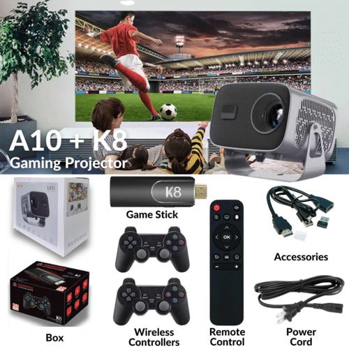 A10 Smart Projector 1080P FHD + K8 Game Stick | Android 13, 4K Support, 10,000+ Live Channels, 40,000+ Games, 450 ANSI Lumens | Home Theater & Gaming Combo