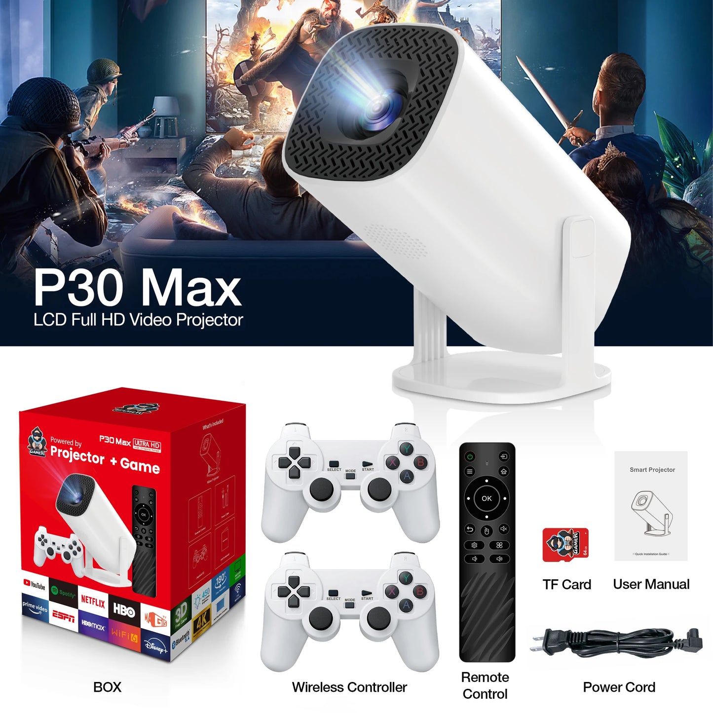 Rokify P30 Pro Max Gaming Projector – 1080p LCD, 4K Supported, Android 11, Dual WiFi, Bluetooth 5.0