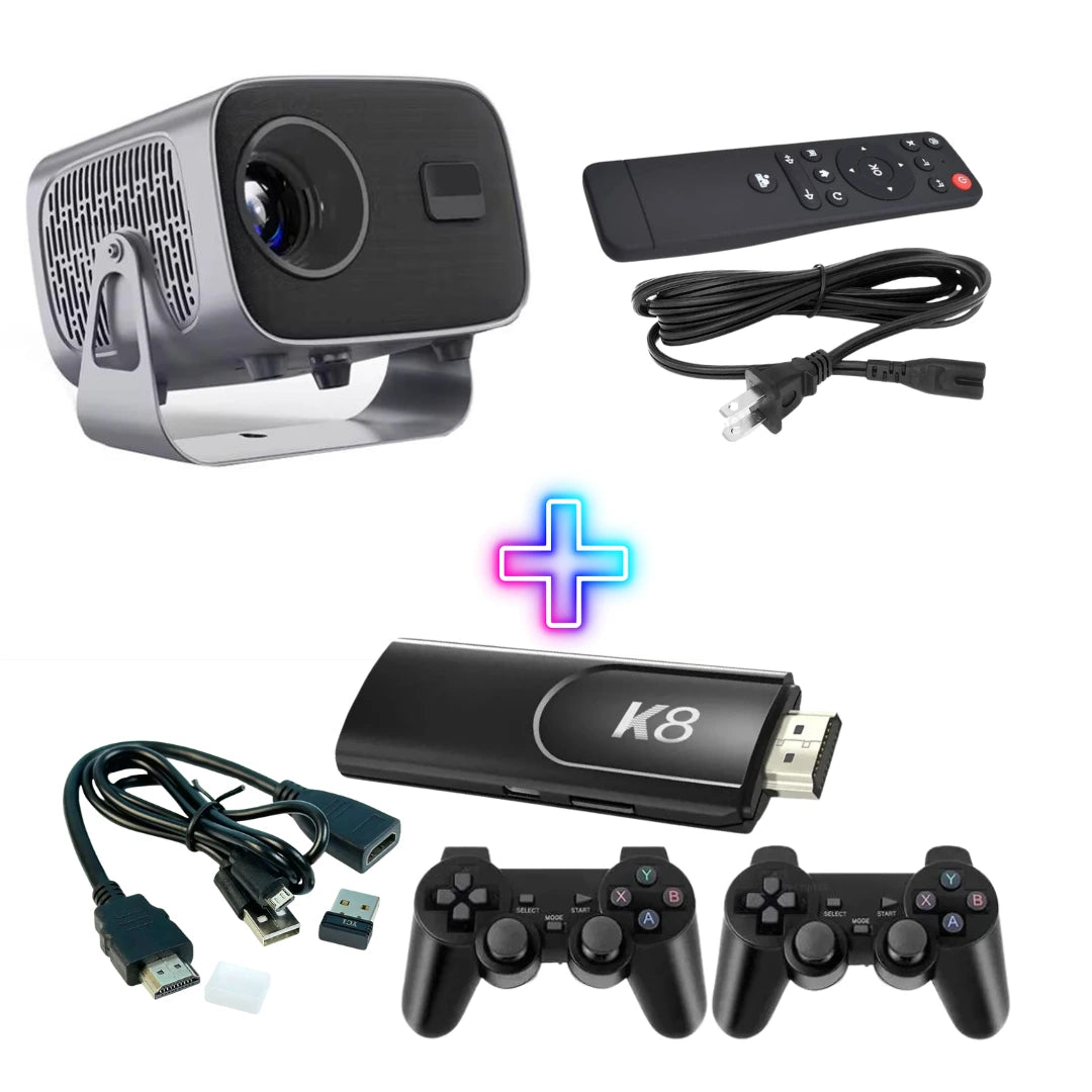 A10 Smart Projector 1080P FHD + K8 Game Stick | Android 13, 4K Support, 10,000+ Live Channels, 40,000+ Games, 450 ANSI Lumens | Home Theater & Gaming Combo