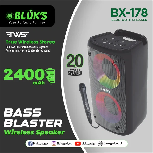 BLUK’S BX-178 Bass Blaster Portable Wireless Bluetooth Speaker – Dual 3″ Speakers | Detachable Mic | RGB Lights | 2400mAh Battery