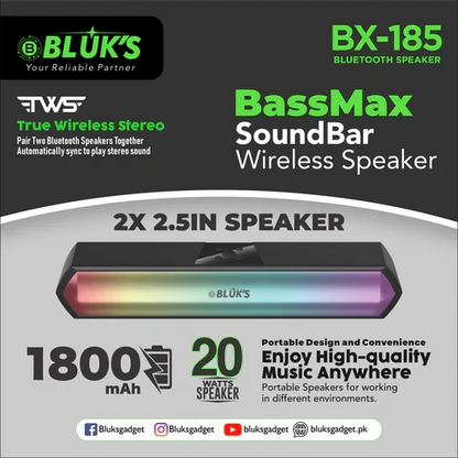 BLUK’S BX-185 BassMax SoundBar Bluetooth Wireless Speaker – Home & Party Audio