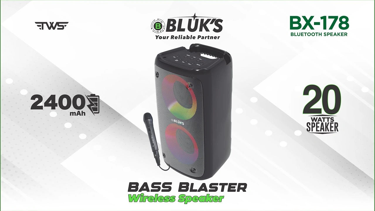 BLUK’S BX-178 Bass Blaster Portable Wireless Bluetooth Speaker – Dual 3″ Speakers | Detachable Mic | RGB Lights | 2400mAh Battery