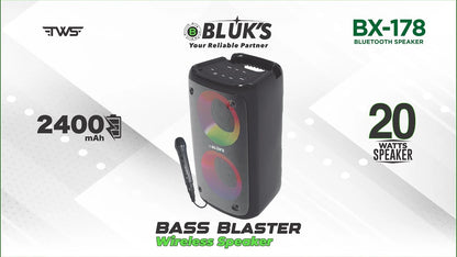 BLUK’S BX-178 Bass Blaster Portable Wireless Bluetooth Speaker – Dual 3″ Speakers | Detachable Mic | RGB Lights | 2400mAh Battery