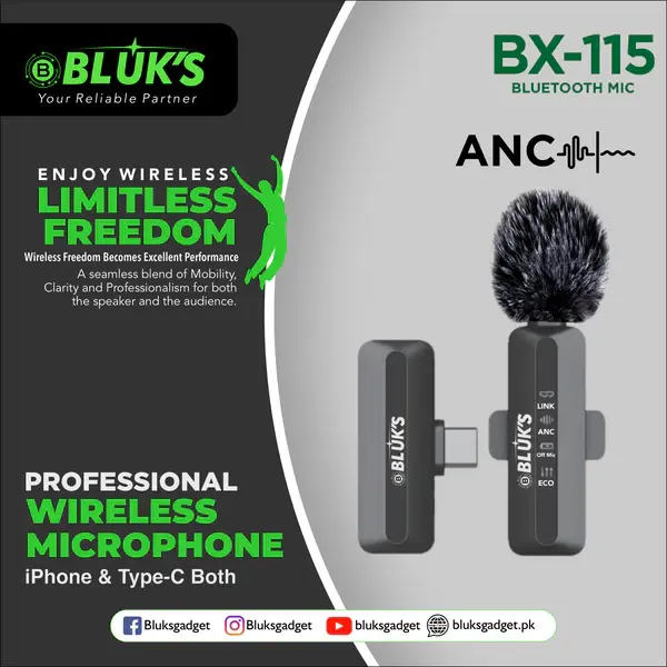 BLUK’S BX-115 Wireless Bluetooth Microphone – Professional ANC Mic for Vlogging & Streaming