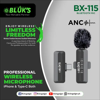 BLUK’S BX-115 Wireless Bluetooth Microphone – Professional ANC Mic for Vlogging & Streaming