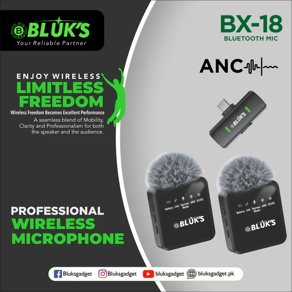 BLUK’S BX-18 Lavalier Wireless Microphone – ANC Clip-On Mic for Mobile, Camera & Streaming