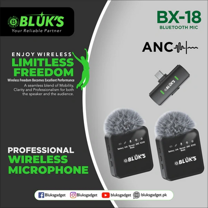 BLUK’S BX-18 Lavalier Wireless Microphone – ANC Clip-On Mic for Mobile, Camera & Streaming